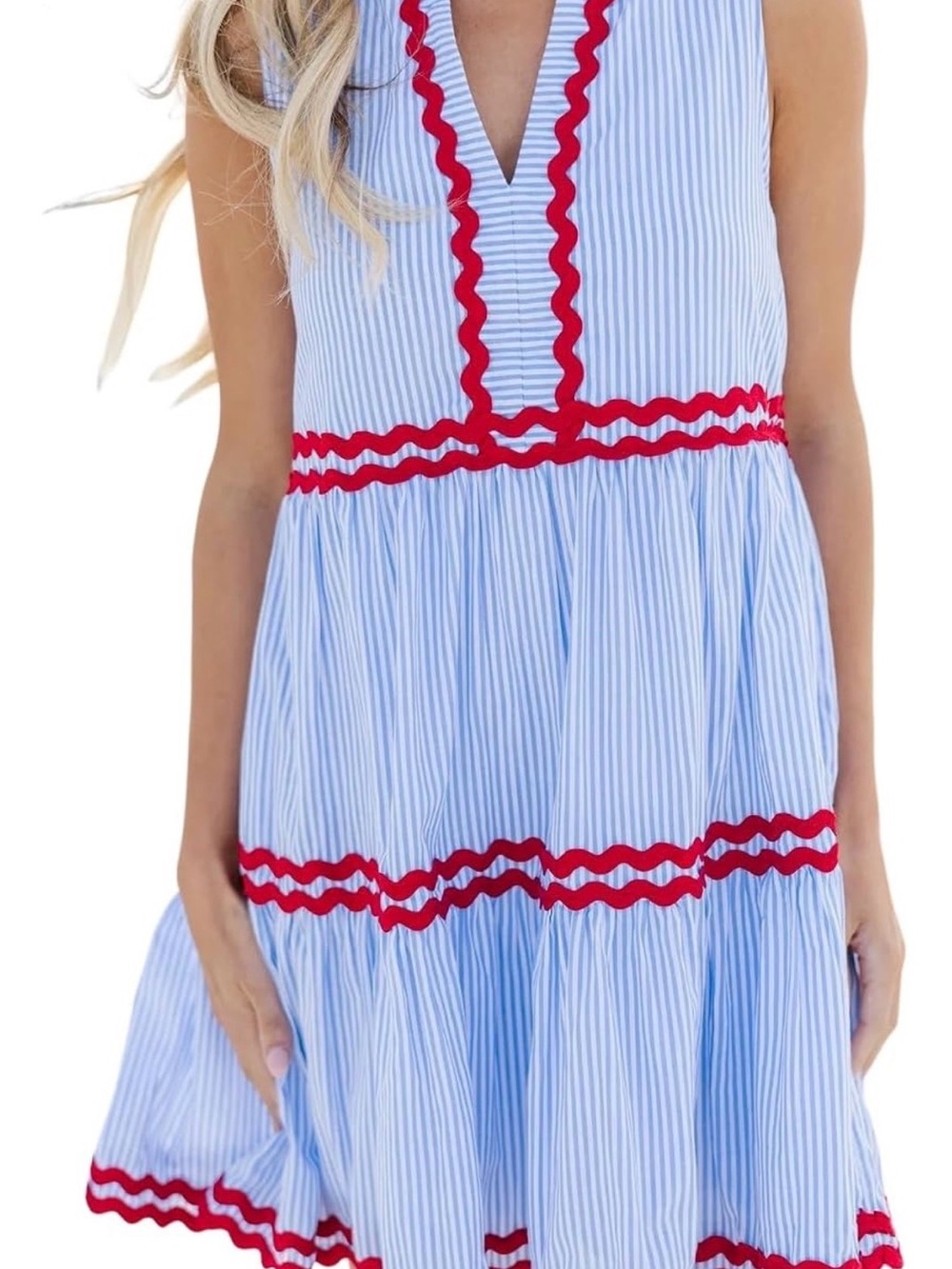 Fashion Blue and Red Sleeveless Striped Midi Dress